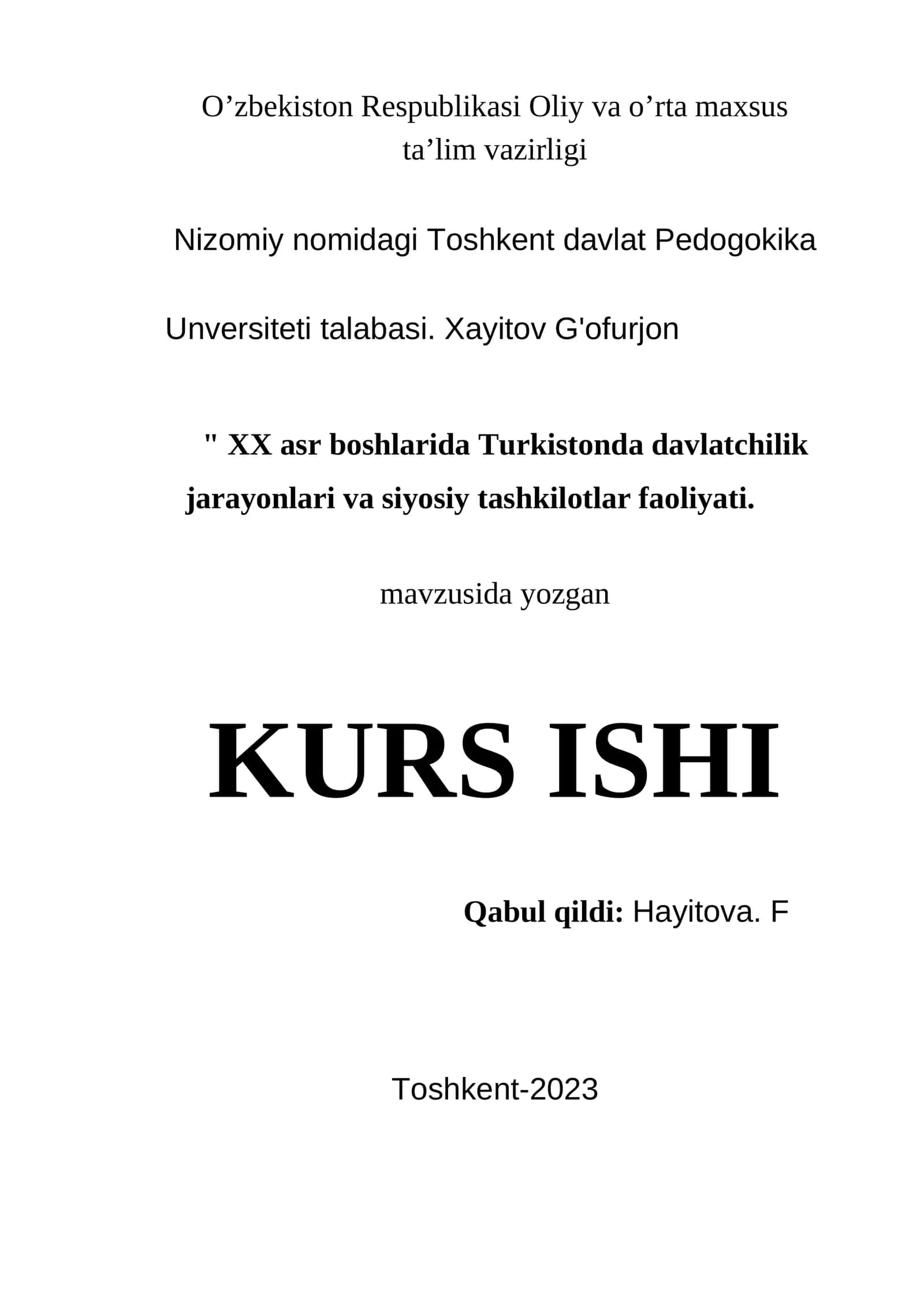 XX asr boshlarida Turkistonda davlatchilik jarayonlari va siyosiy tashkilotlar faoliyat
