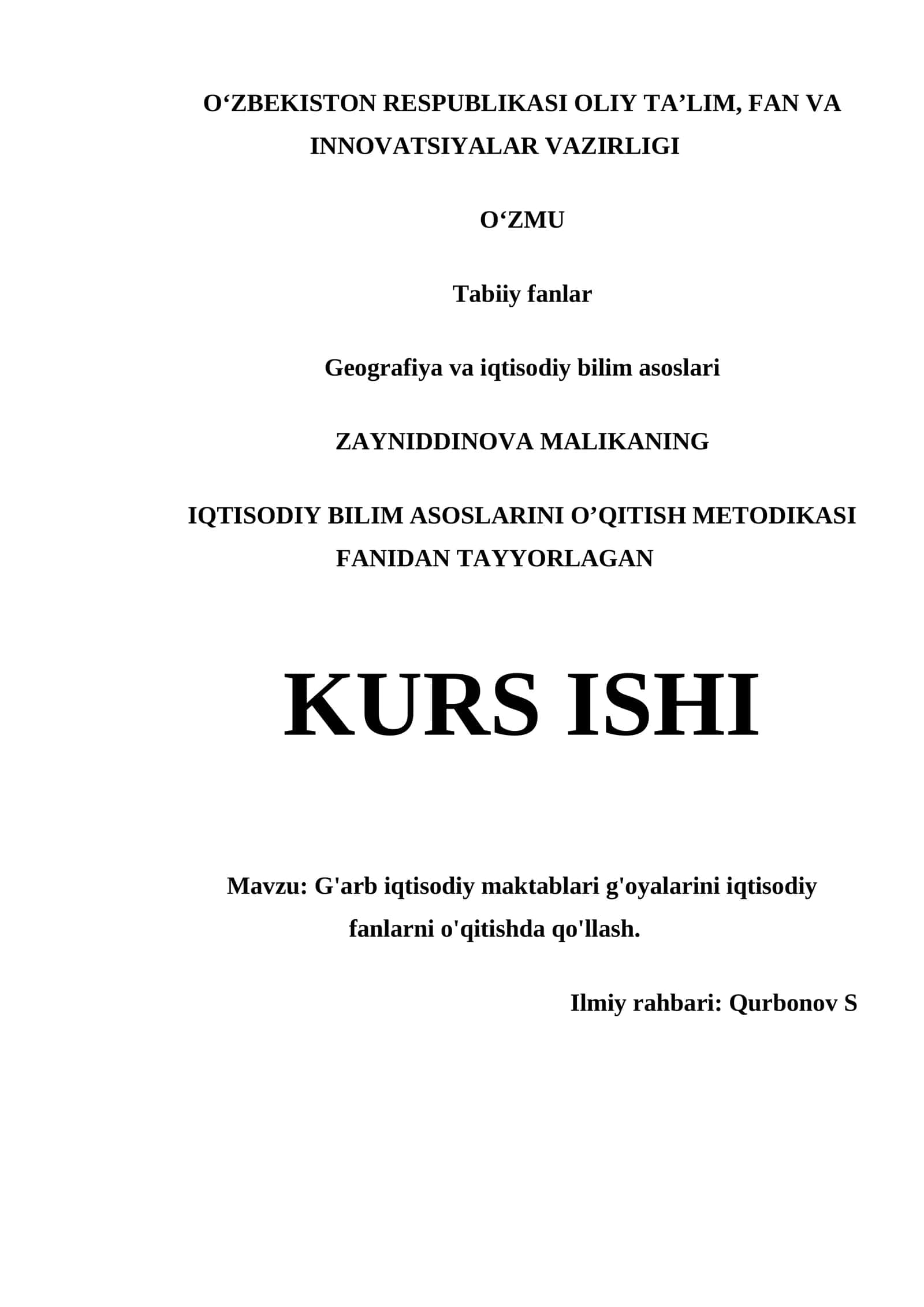 IQTISODIY BILIM ASOSLARINI O’QITISH METODIKASI FANIDAN TAYYORLAGAN KURS ISHI