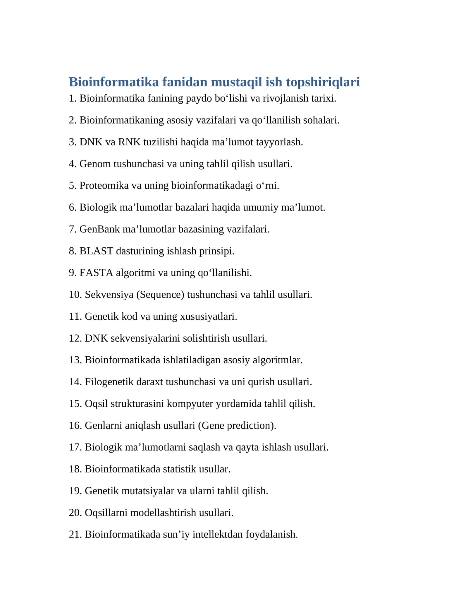 Bioinformatika fanidan mustaqil ish topshiriqlari