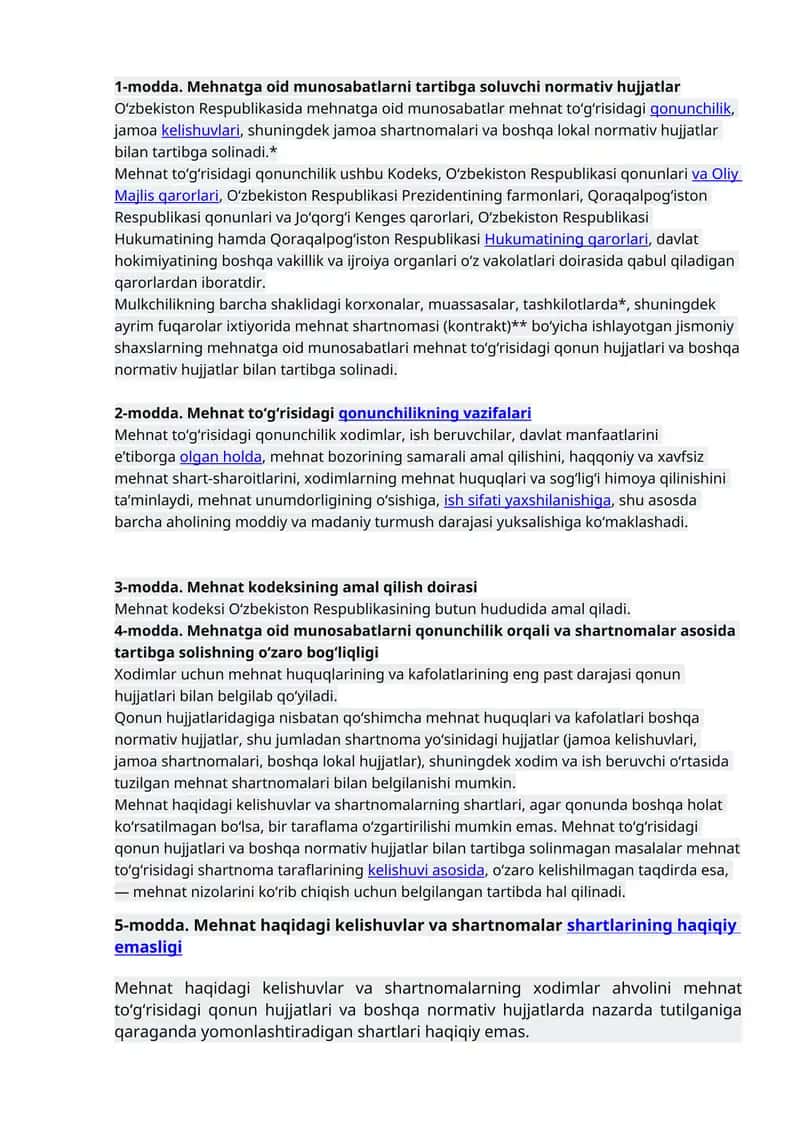 1-modda. Mehnatga oid munosabatlarni tartibga soluvchi normativ hujjatlar