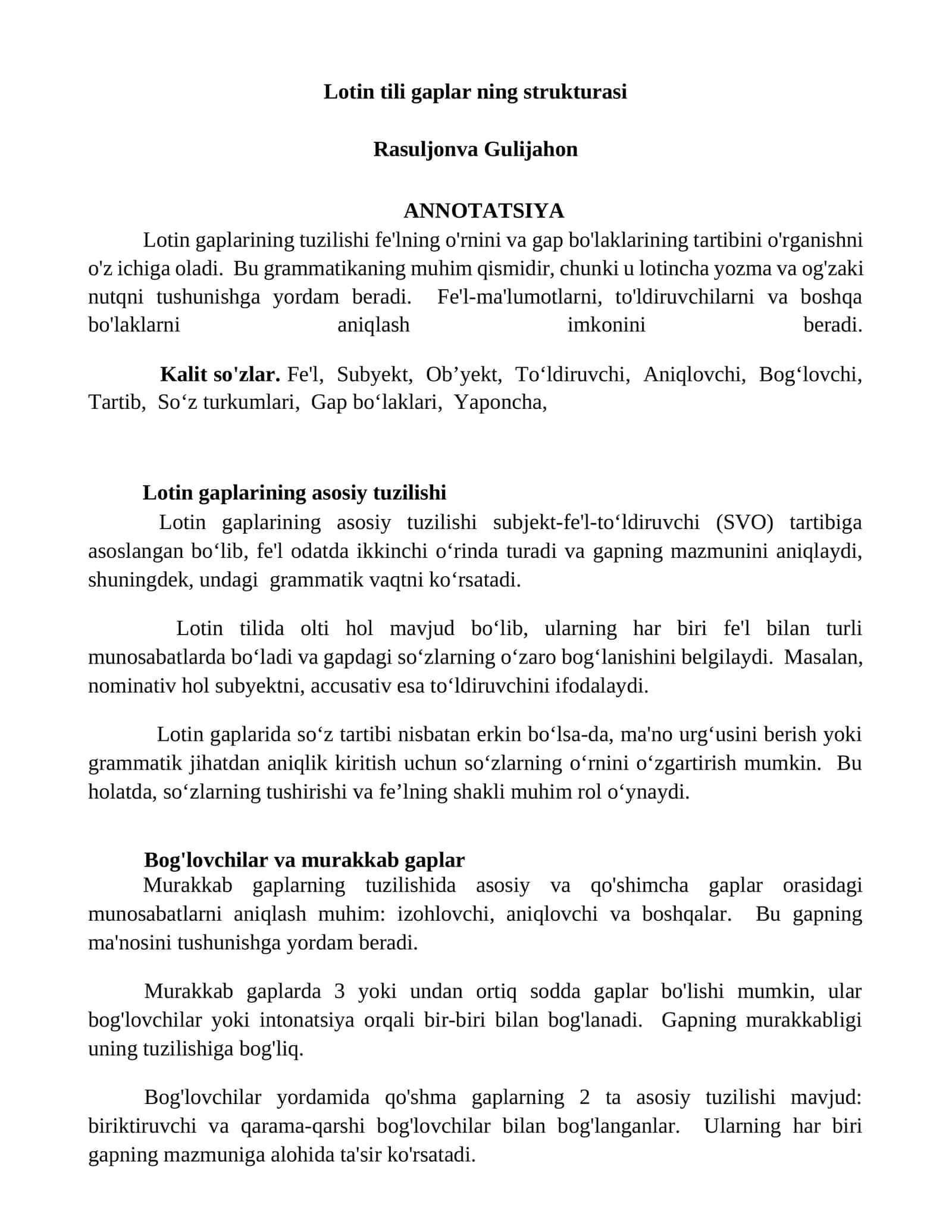 Lotin tili gaplar ning strukturasi