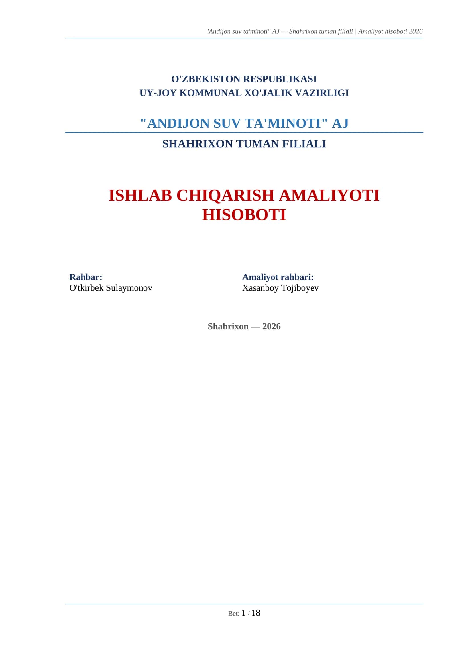 ISHLAB CHIQARISH AMALIYOTI HISOBOTI