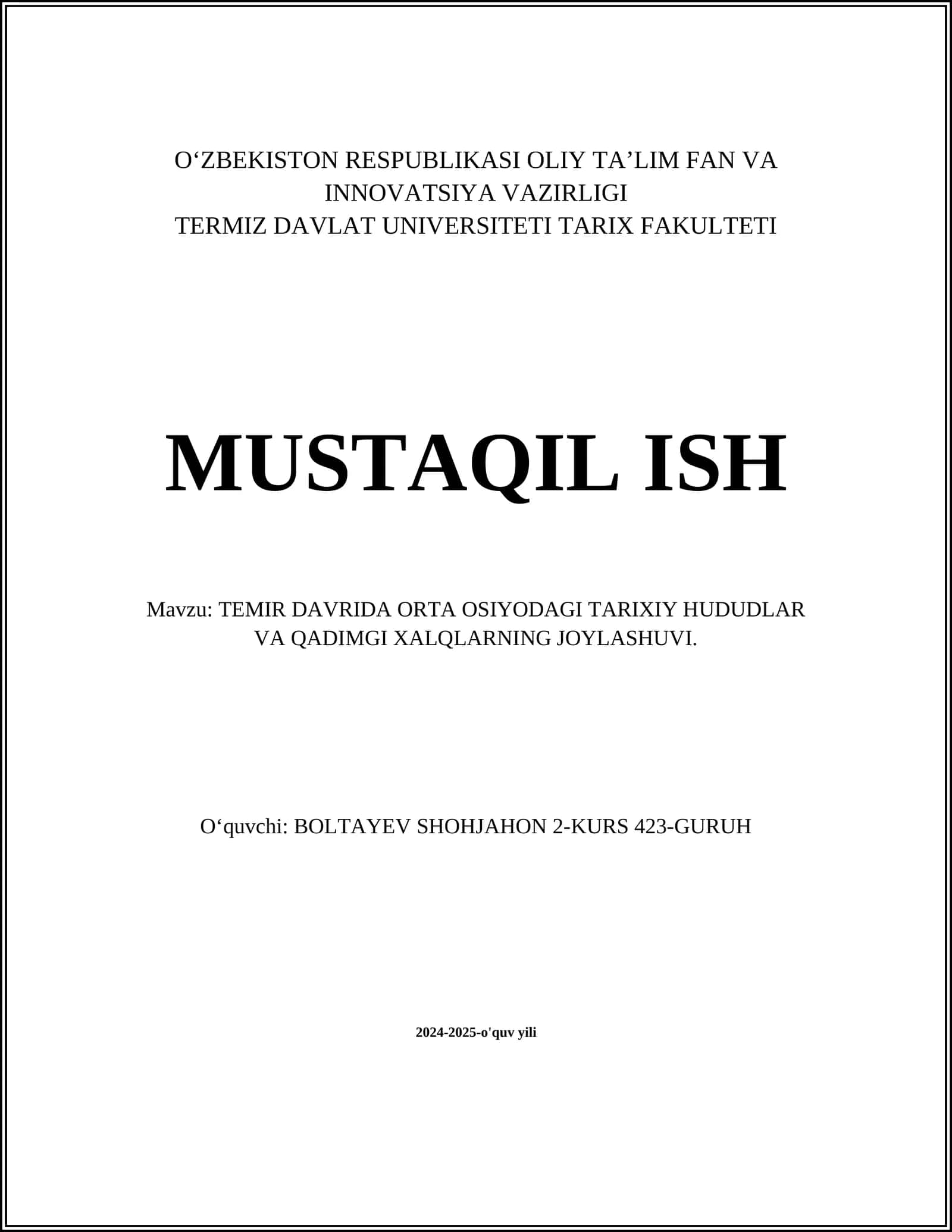 TEMIR DAVRIDA ORTA OSIYODAGI TARIXIY HUDUDLAR VA QADIMGI XALQLARNING JOYLASHUVI