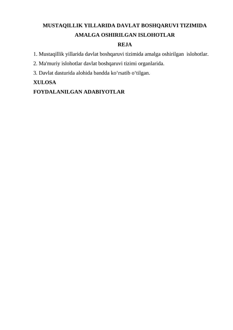 Mustaqillik Yillarida Davlat Boshqaruv Tizimida Amalga Oshirilgan Ishlohotlar