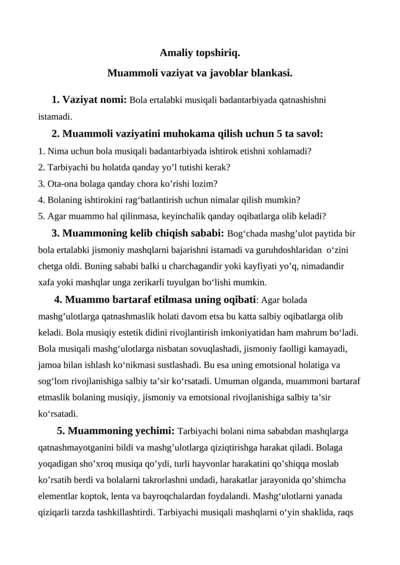 Muammoli vaziyat va javoblar blankasi.