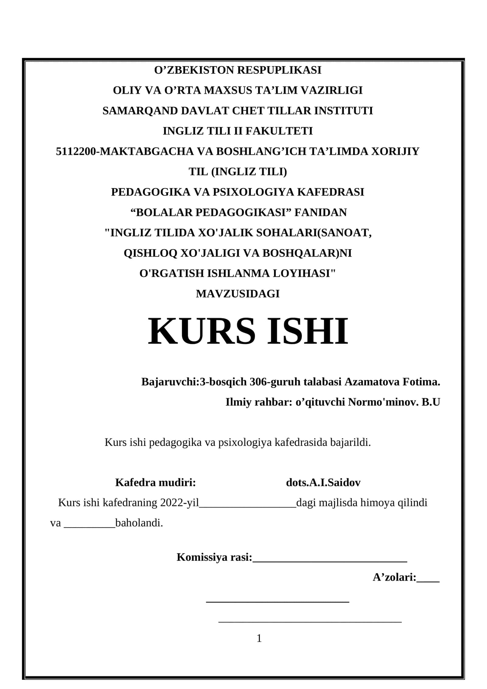 "INGLIZ TILIDA XO'JALIK SOHALARI(SANOAT, QISHLOQ XO'JALIGI VA BOSHQALAR)NI O'RGATISH ISHLANMA LOYIHASI"