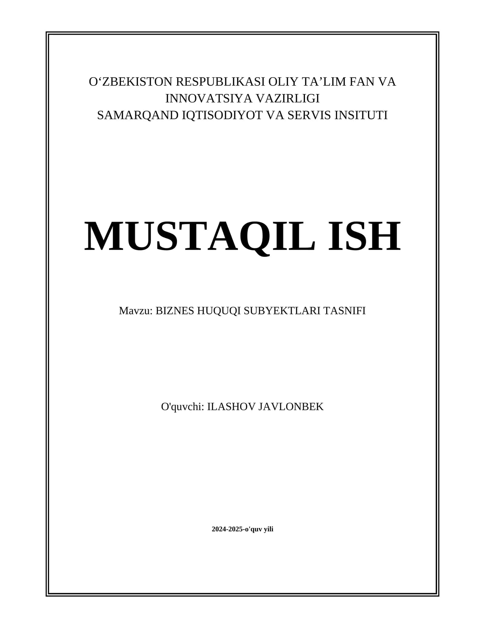 Biznes Huquqi Subyektlari Tasnifi