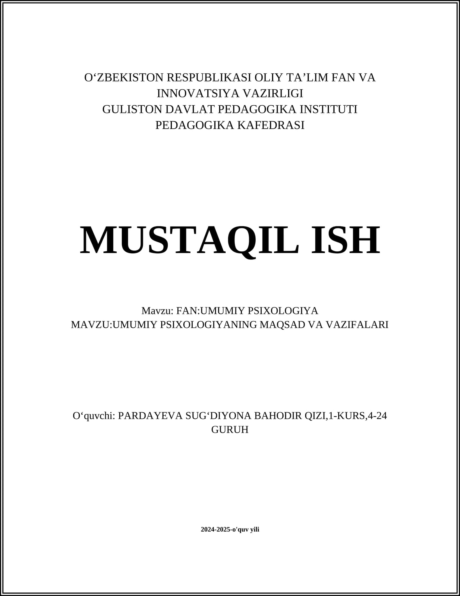 UMUMIY PSIXOLOGIYANING MAQSAD VA VAZIFALARI