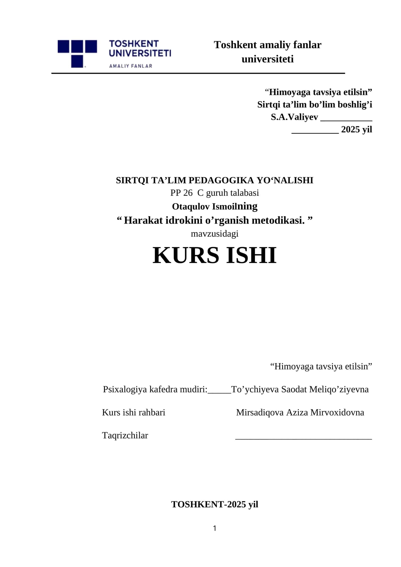 Harakat idrokini o’rganish metodikasi. KURS ISHI