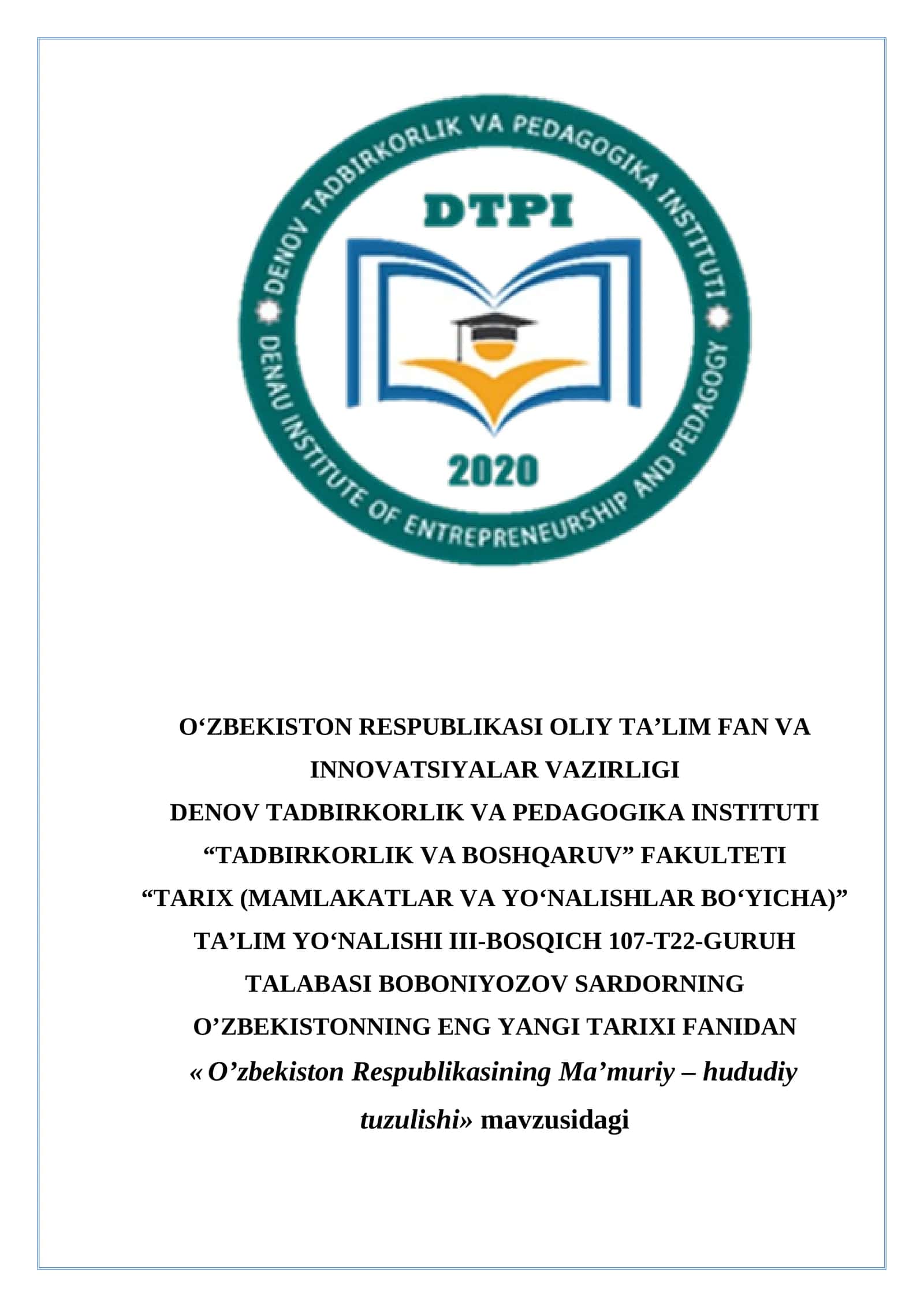 O’zbekiston Respublikasining Ma’muriy-Hududiy Tuzilishi