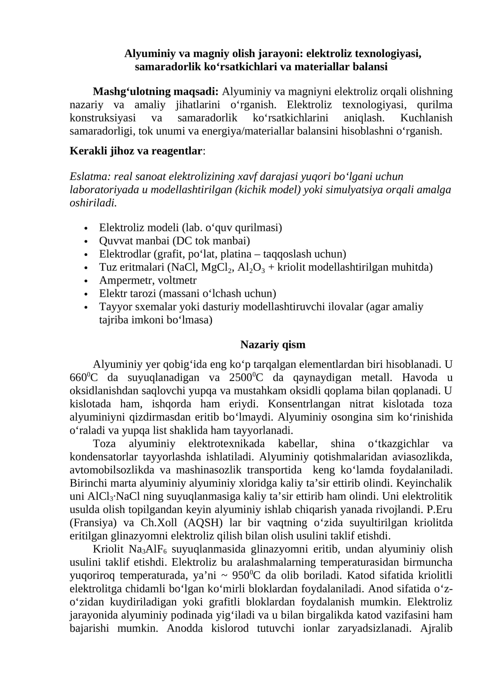 Alyuminiy va magniy olish jarayoni: elektroliz texnologiyasi, samaradorlik ko‘rsatkichlari va materiallar balansi