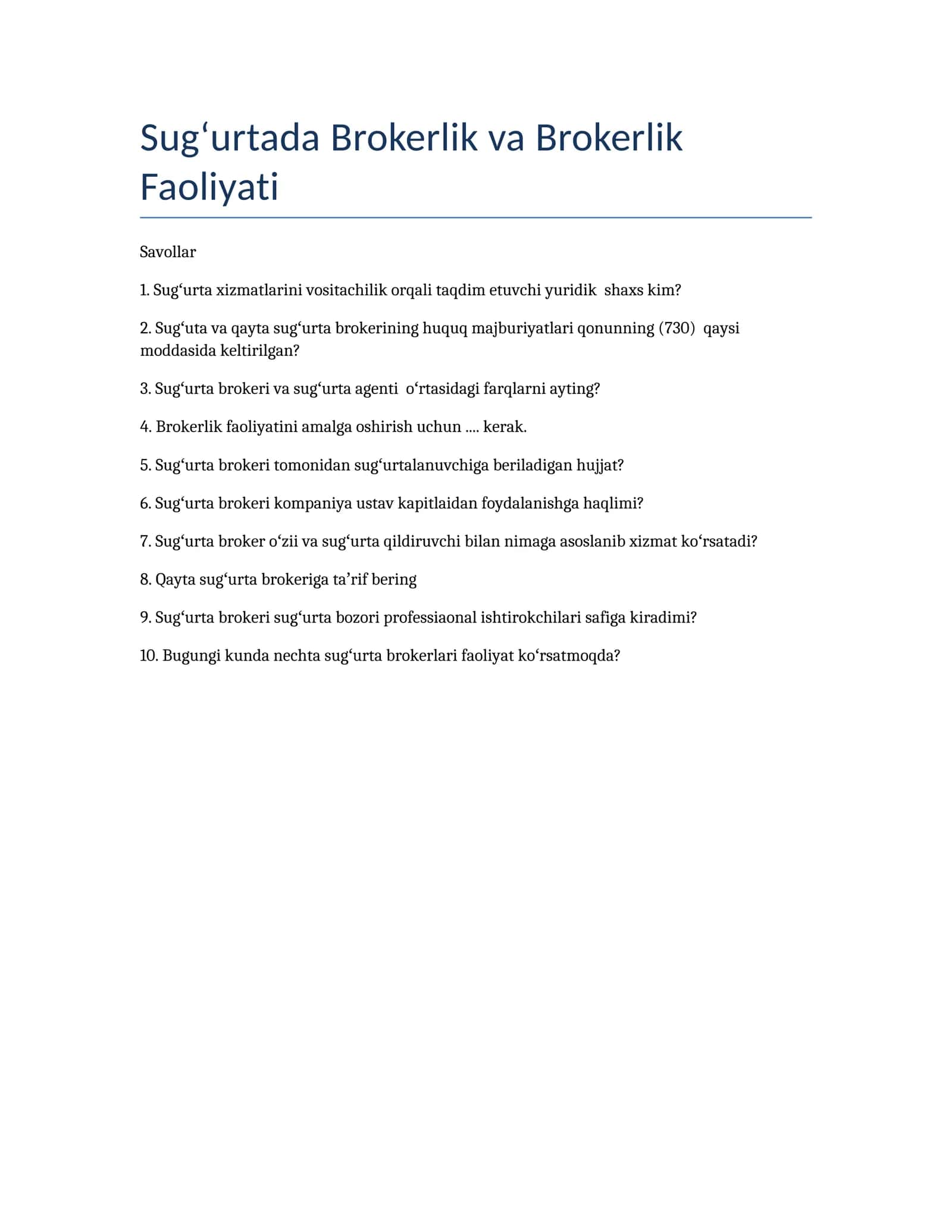 Sugʻurtada Brokerlik va Brokerlik Faoliyati