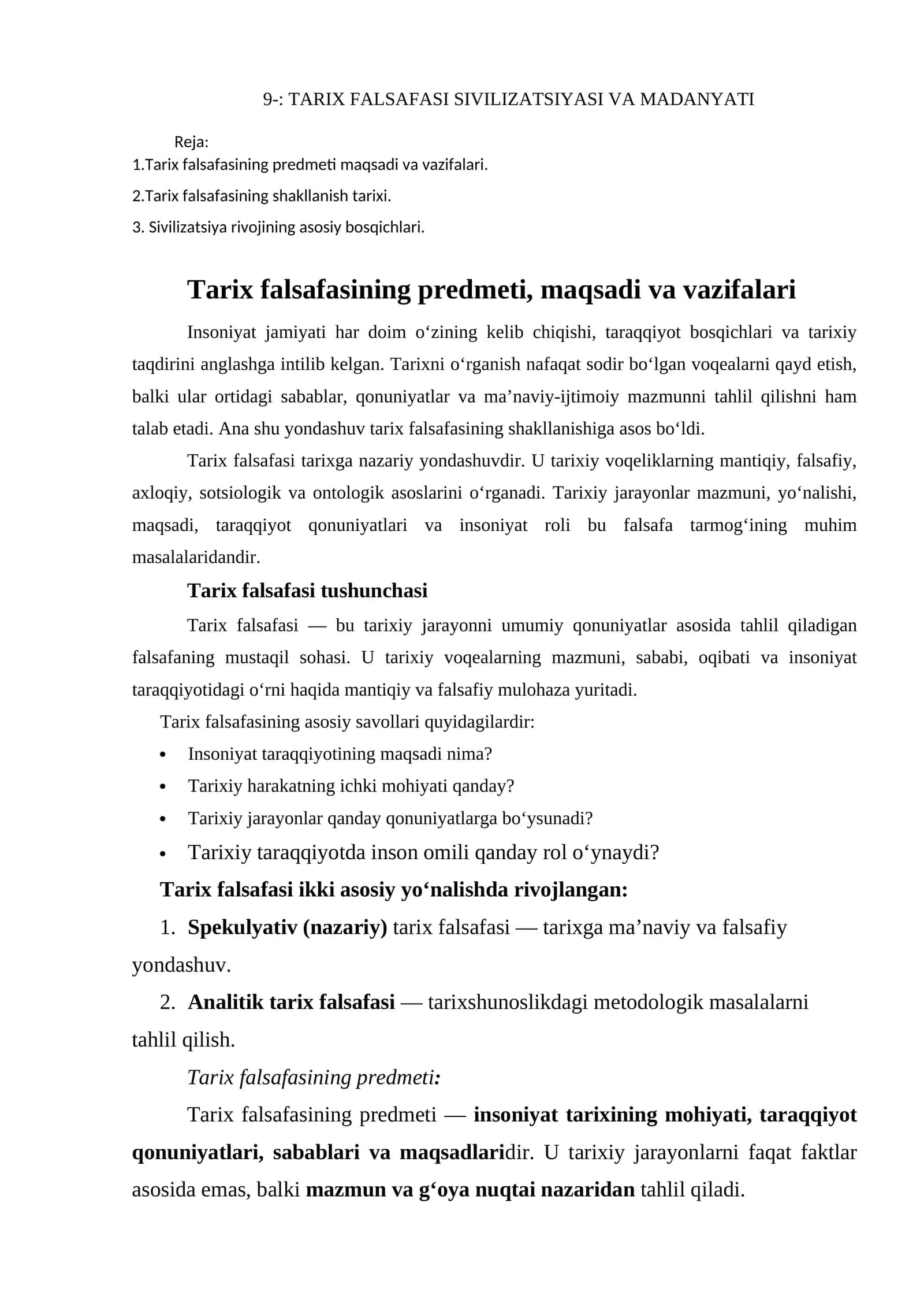TARIX FALSAFASI SIVILIZATSIYASI VA MADANYATI