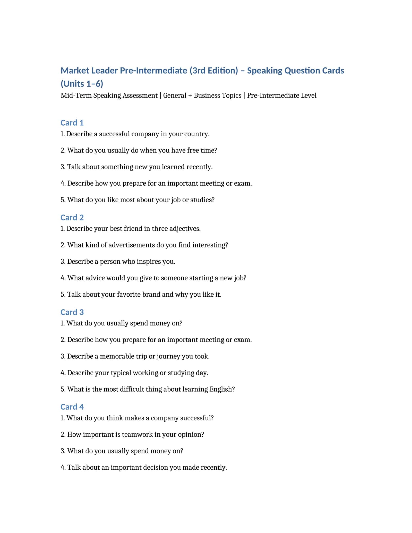 Mid-Term Speaking Assessment | General + Business Topics | Pre-Intermediate Level