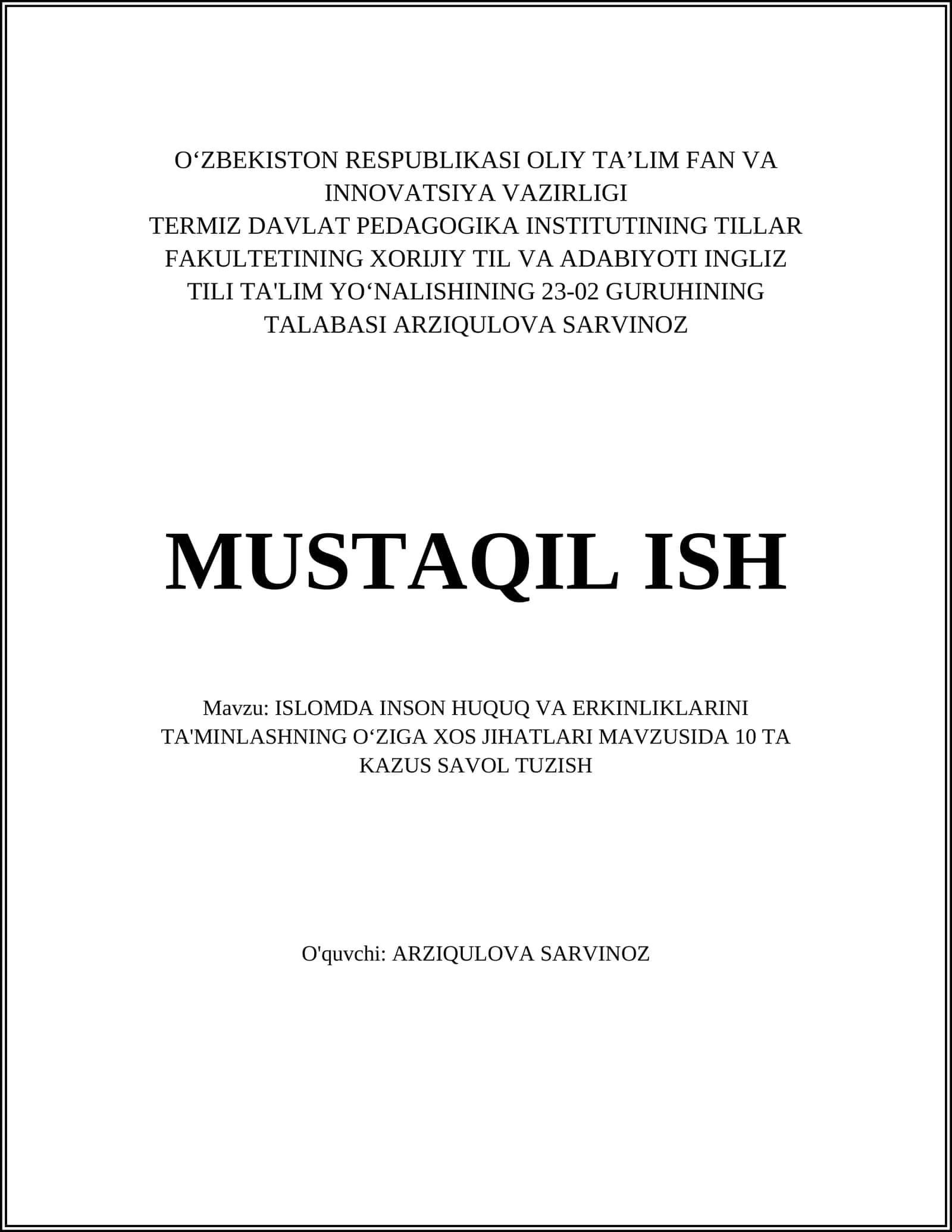 ISLOMDA INSON HUQUQ VA ERKINLIKLARINI TA'MINLASH