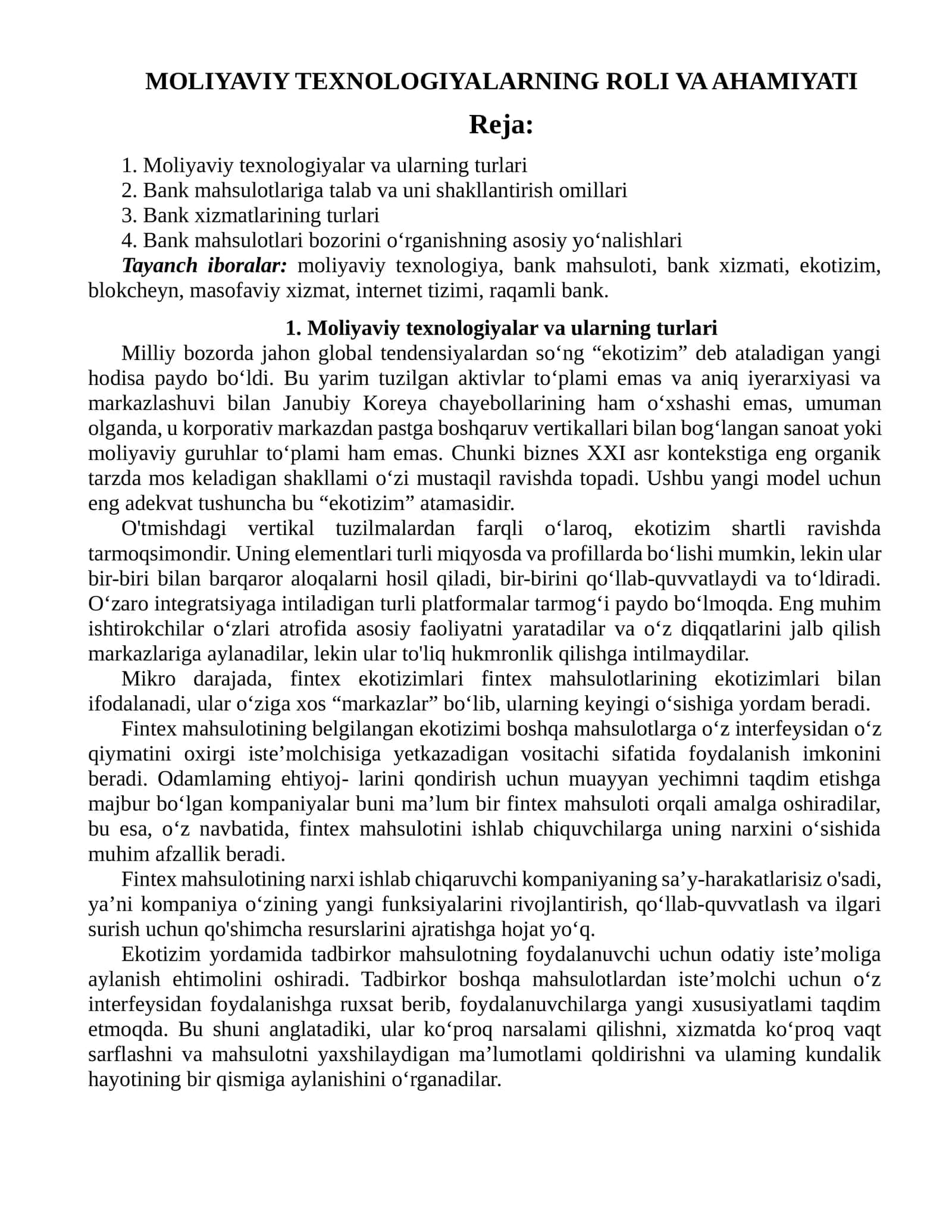 MOLIYAVIY TEXNOLOGIYALARNING ROLI VA AHAMIYATI