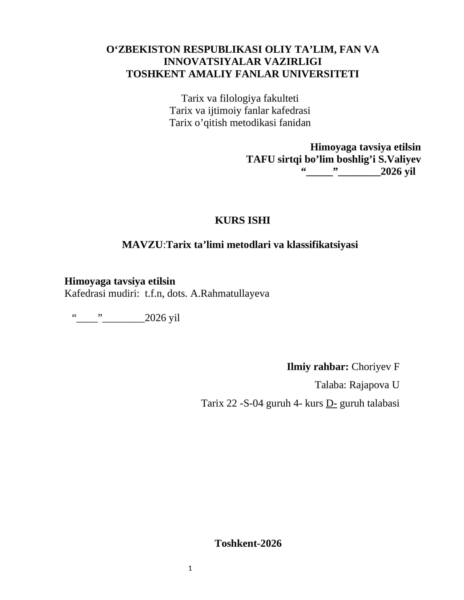 Tarix ta’limi metodlari va klassifikatsiyasi