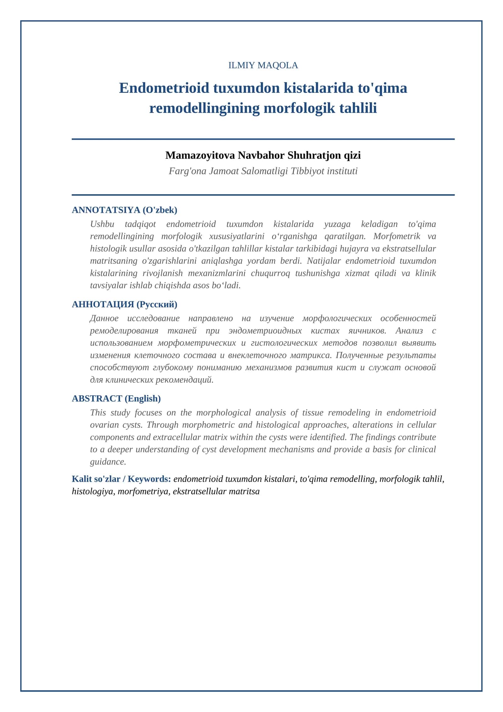 Endometrioid tuxumdon kistalarida to'qima remodellingining morfologik tahlili