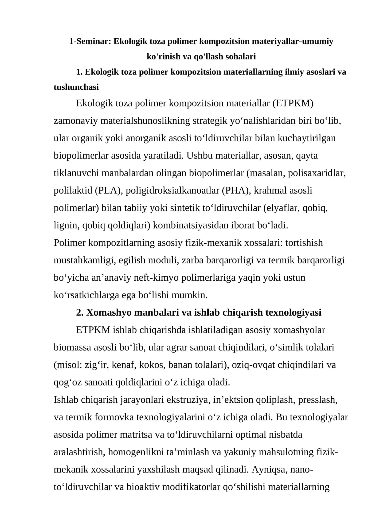 Ekologik toza polimer kompozitsion materiyallar