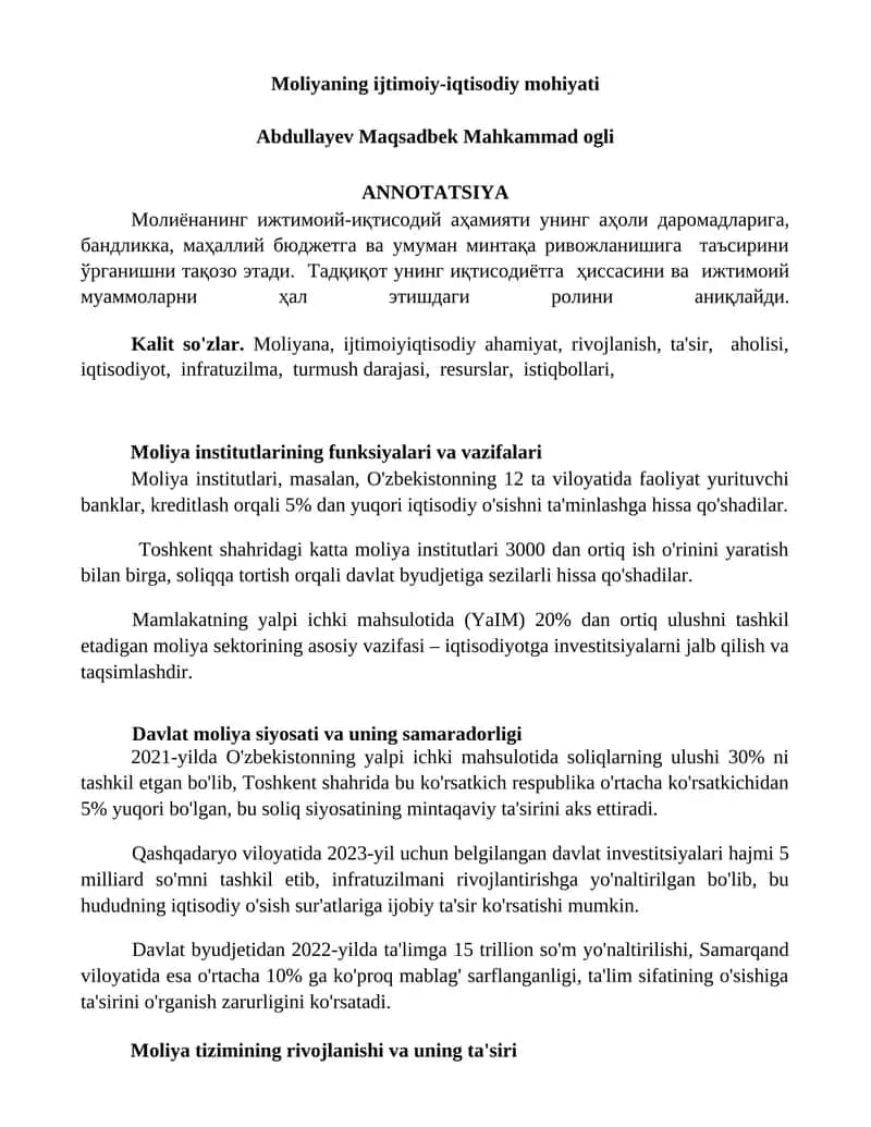 Moliyaning ijtimoiy-iqtisodiy mohiyati
