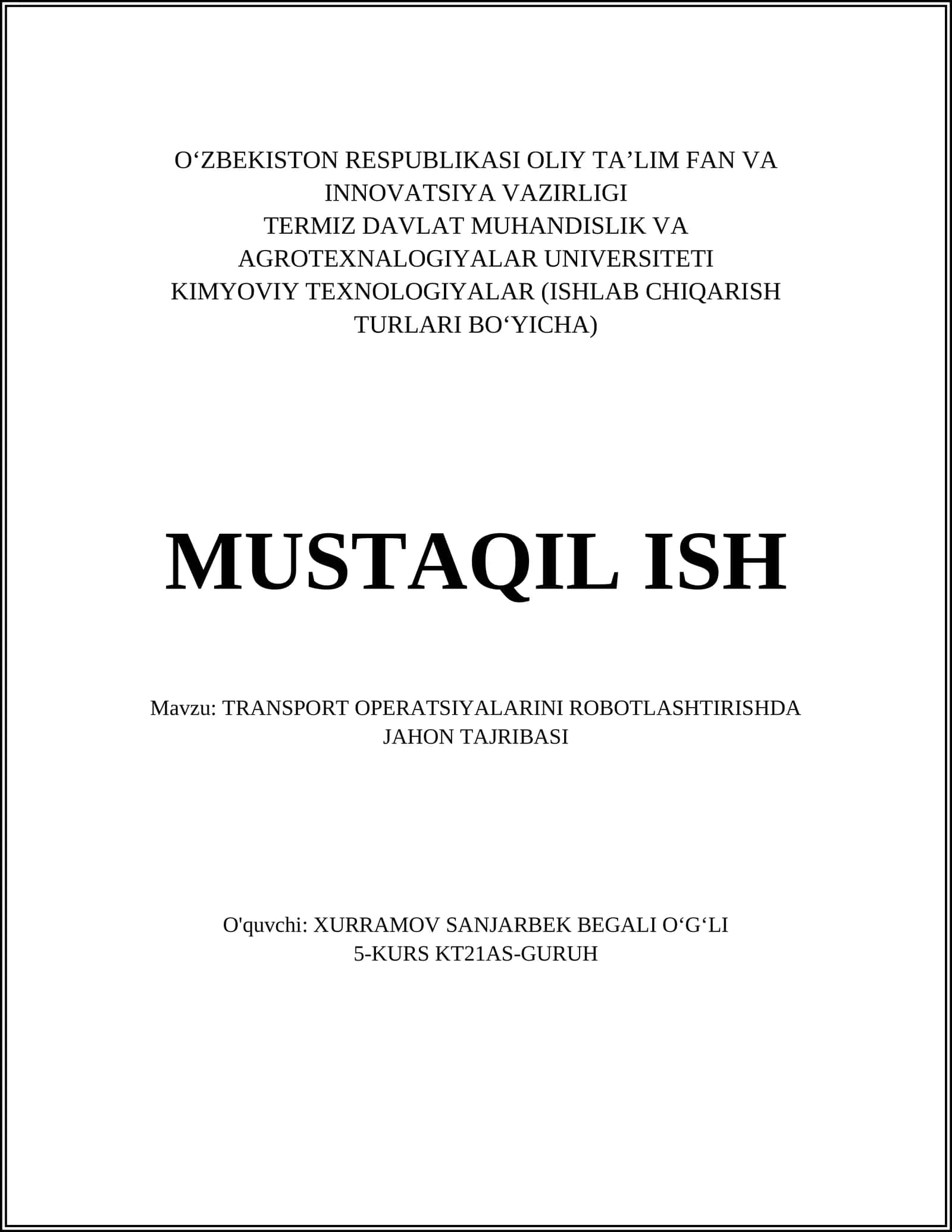 TRANSPORT OPERATSIYALARINI ROBOTLASHTIRISHDA JAHON TAJRIBASI