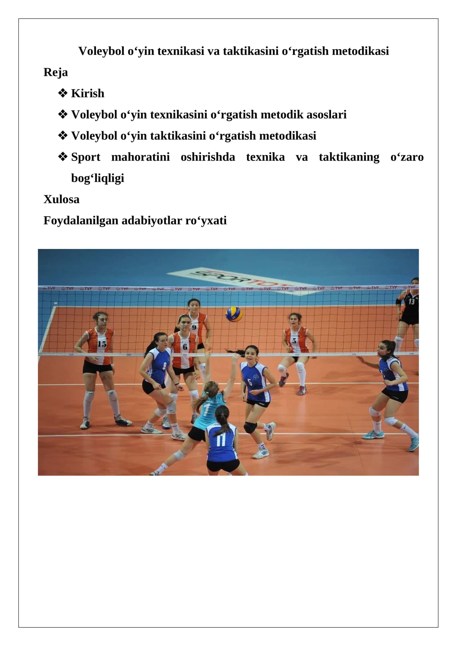 Voleybol o‘yin texnikasi va taktikasini o‘rgatish metodikasi