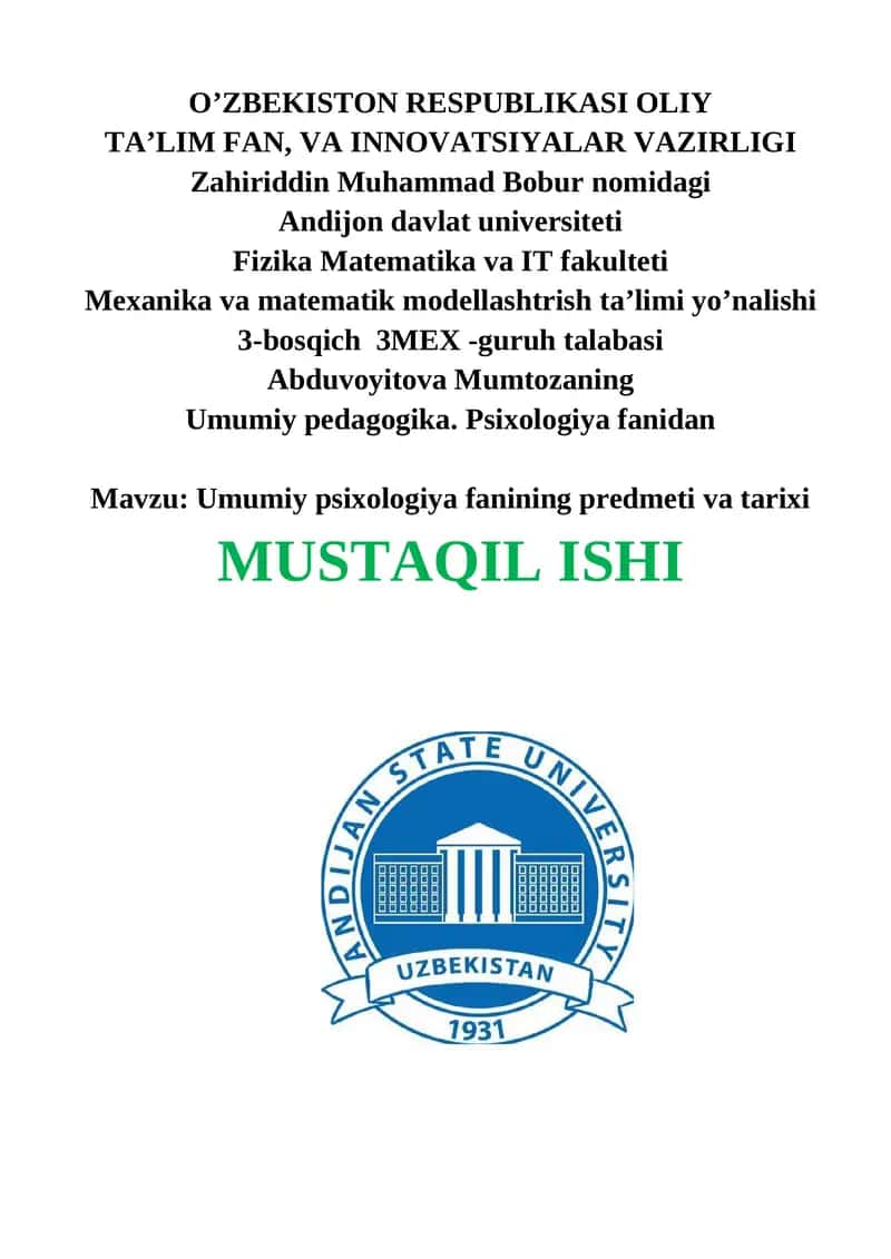 Umumiy psixologiya fanining predmeti va tarixi