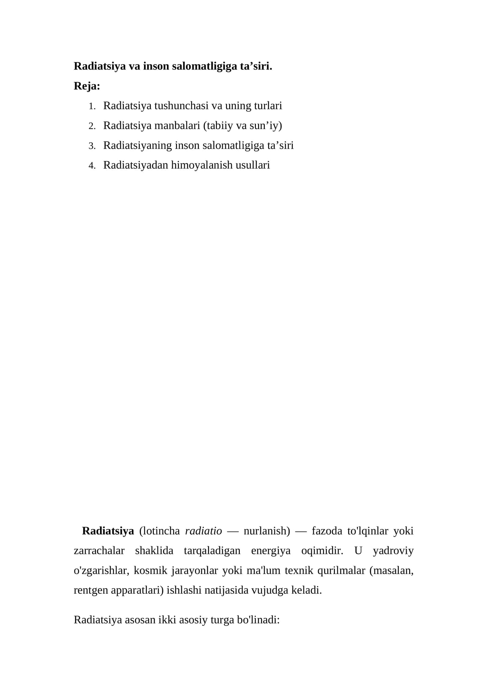 Radiatsiya va inson salomatligiga ta'siri