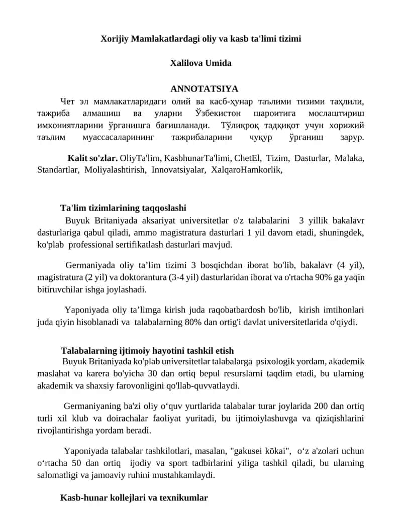 Xorijiy Mamlakatlardagi oliy va kasb ta'limi tizimi