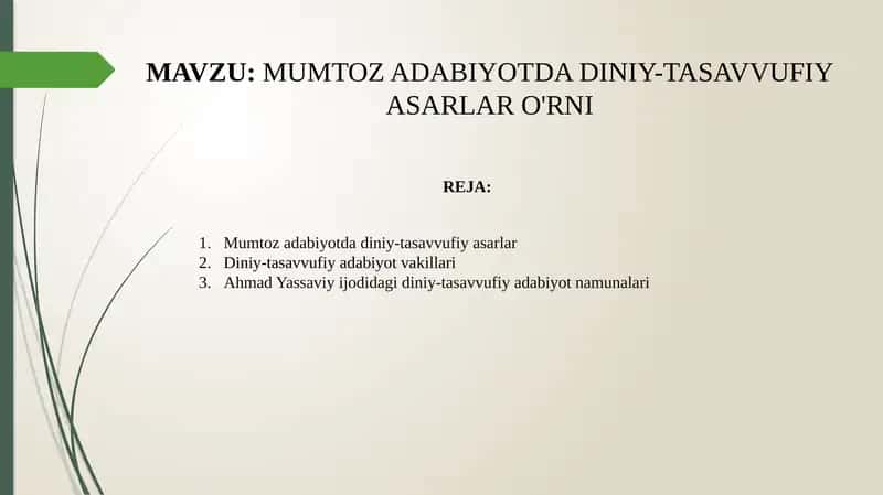 + Mumtoz adabiyotda diniy-tasavvufiy asarlar o'rni