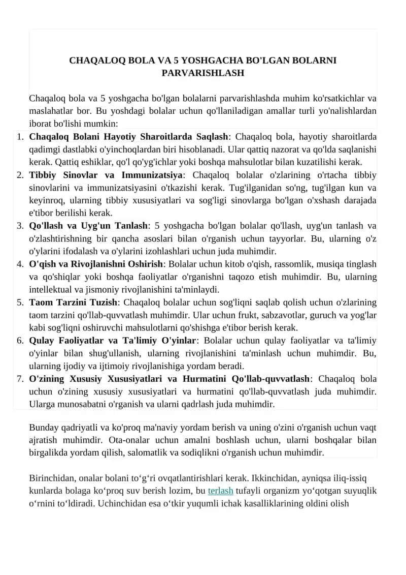 Chaqaloq bola va 5 yoshgacha bo'lgan bolarni parvarishlash