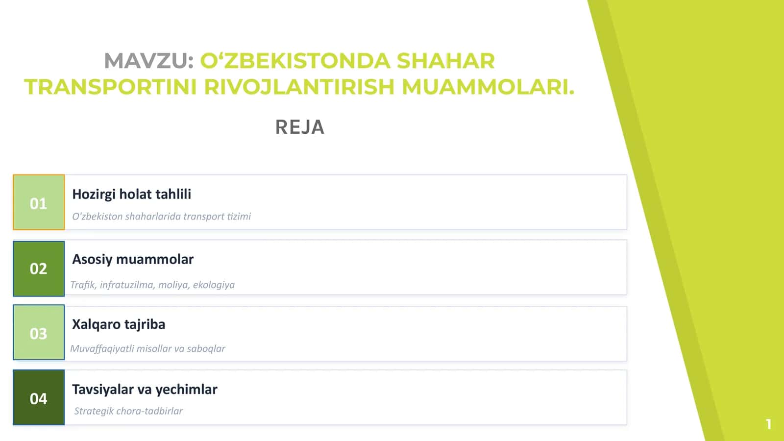 O‘ZBEKISTONDA SHAHAR TRANSPORTINI RIVOJLANTIRISH MUAMMOLARI