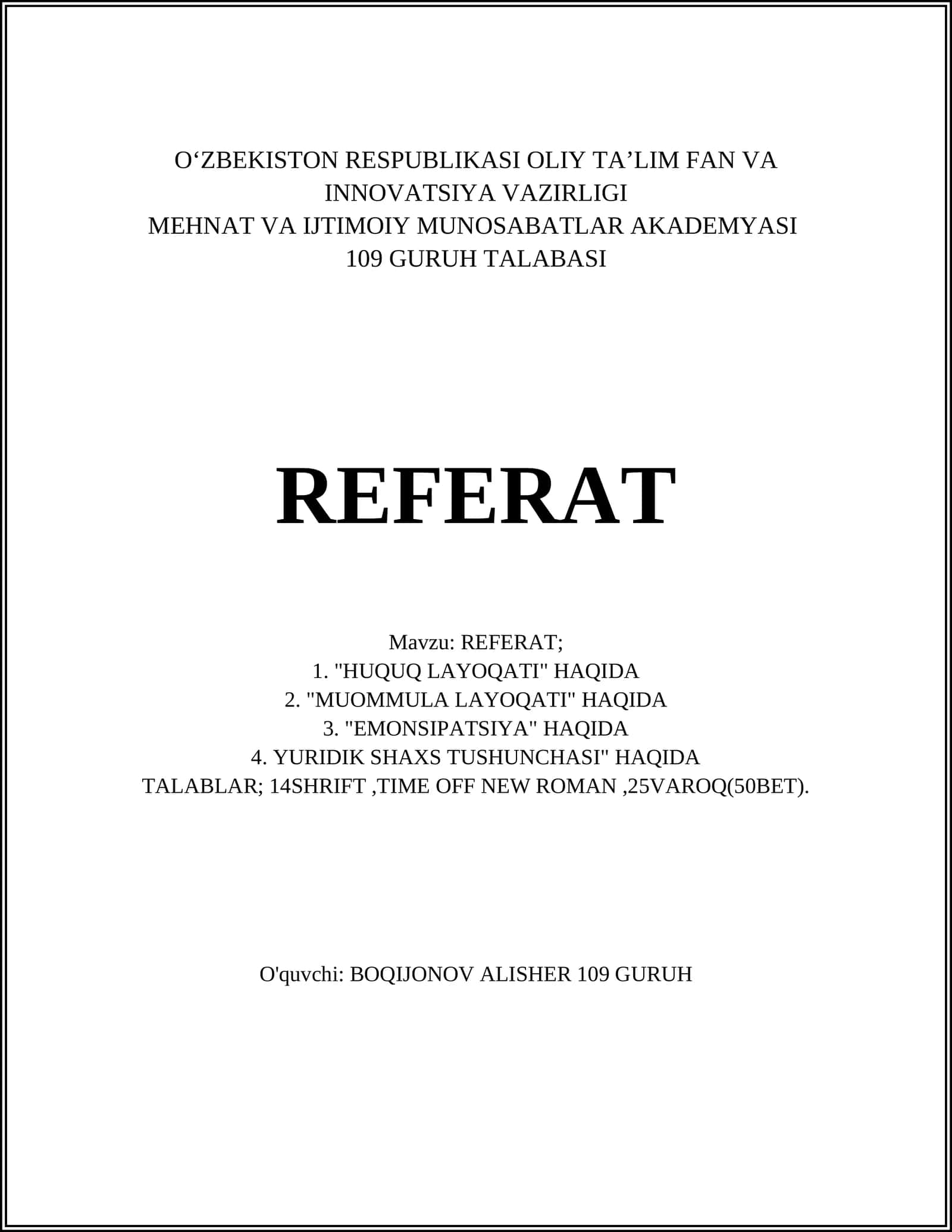 REFERAT "HUQUQ LAYOQATI"