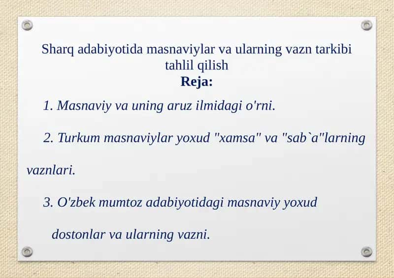Sharq adabiyotida masnaviylar va ularning vazn tarkibi