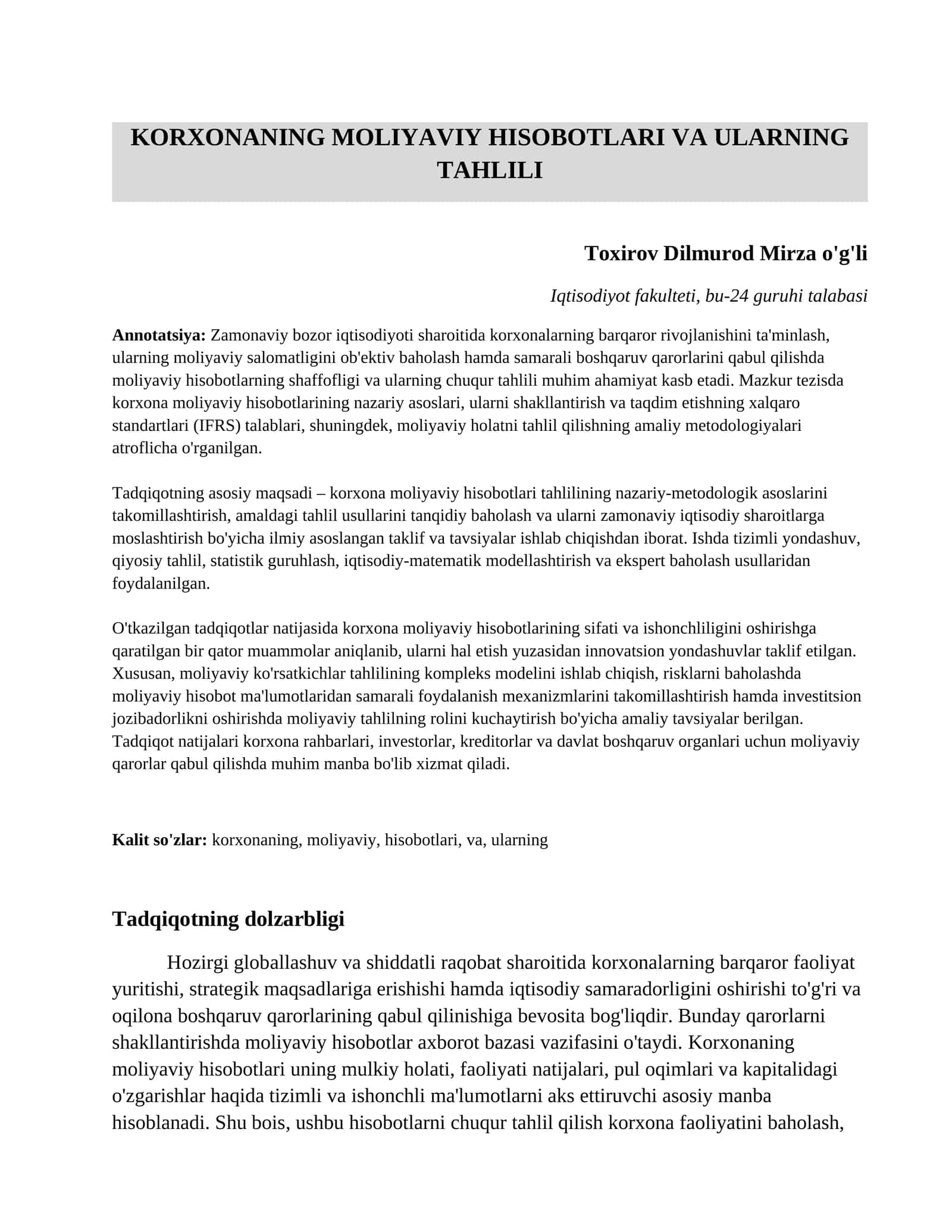 korxonaning moliyaviy hisobotlari va ularning tahlili