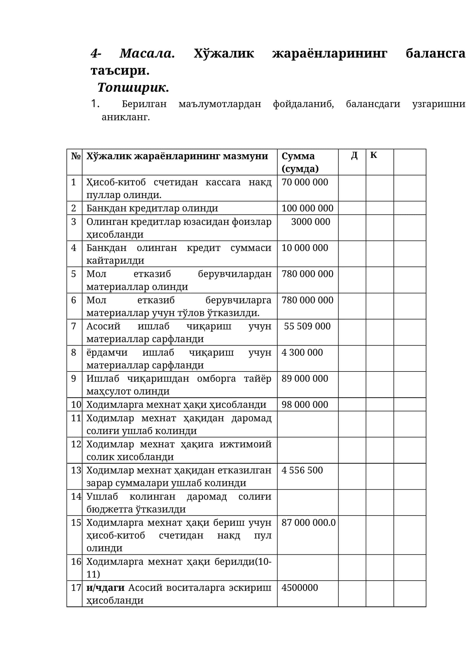 Хўжалик жараёнларининг балансга таъсири