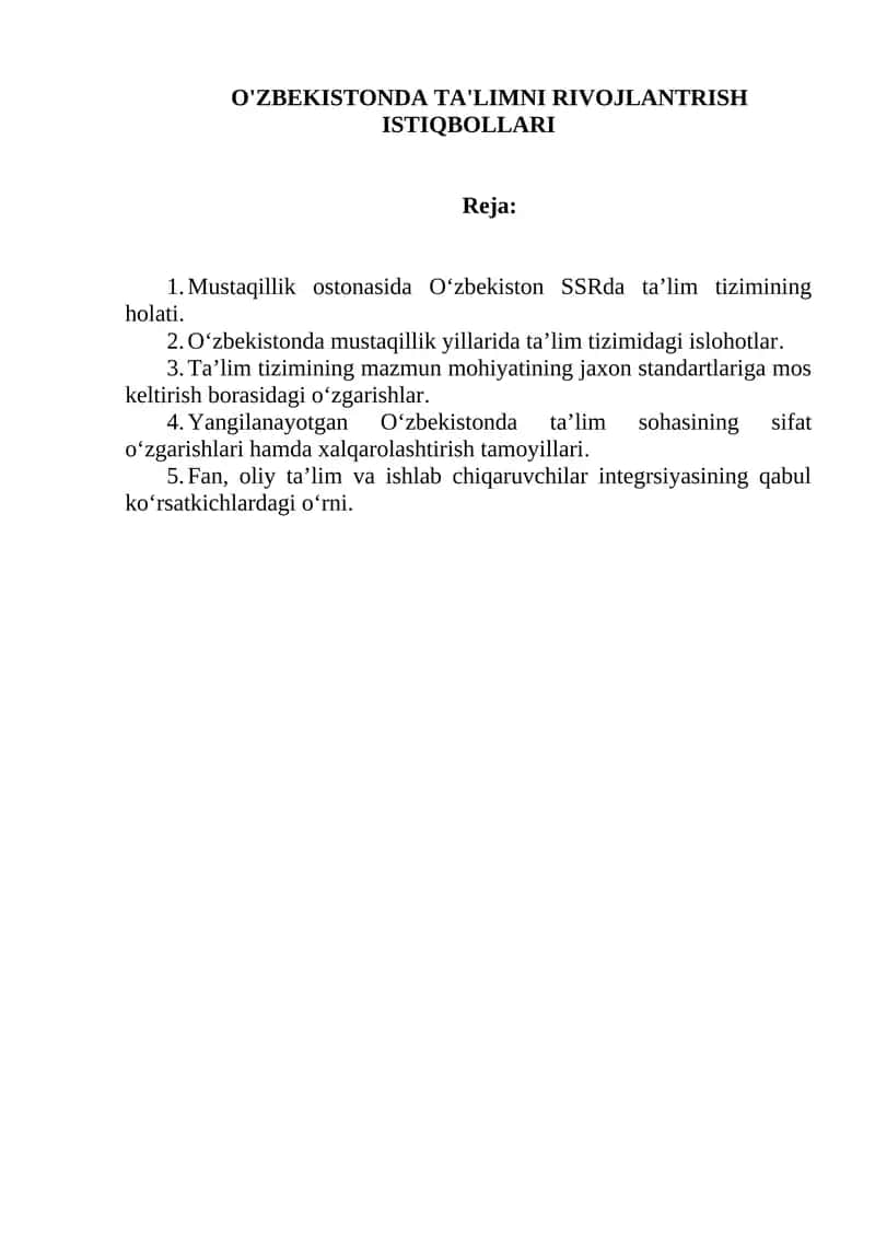 O'ZBEKISTONDA TA'LIMNI RIVOJLANTRISH ISTIQBOLLARI