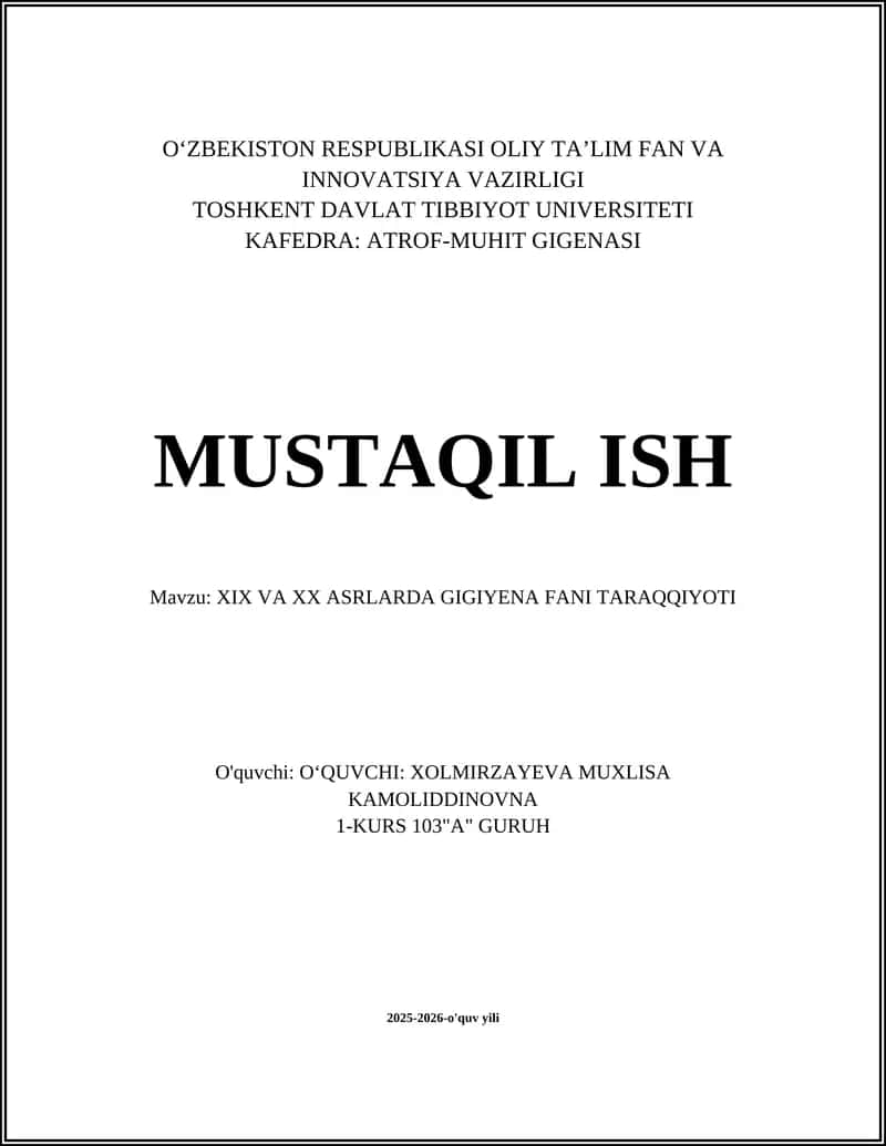 XIX VA XX ASRLARDA GIGIYENA FANI TARAQQIYOTI