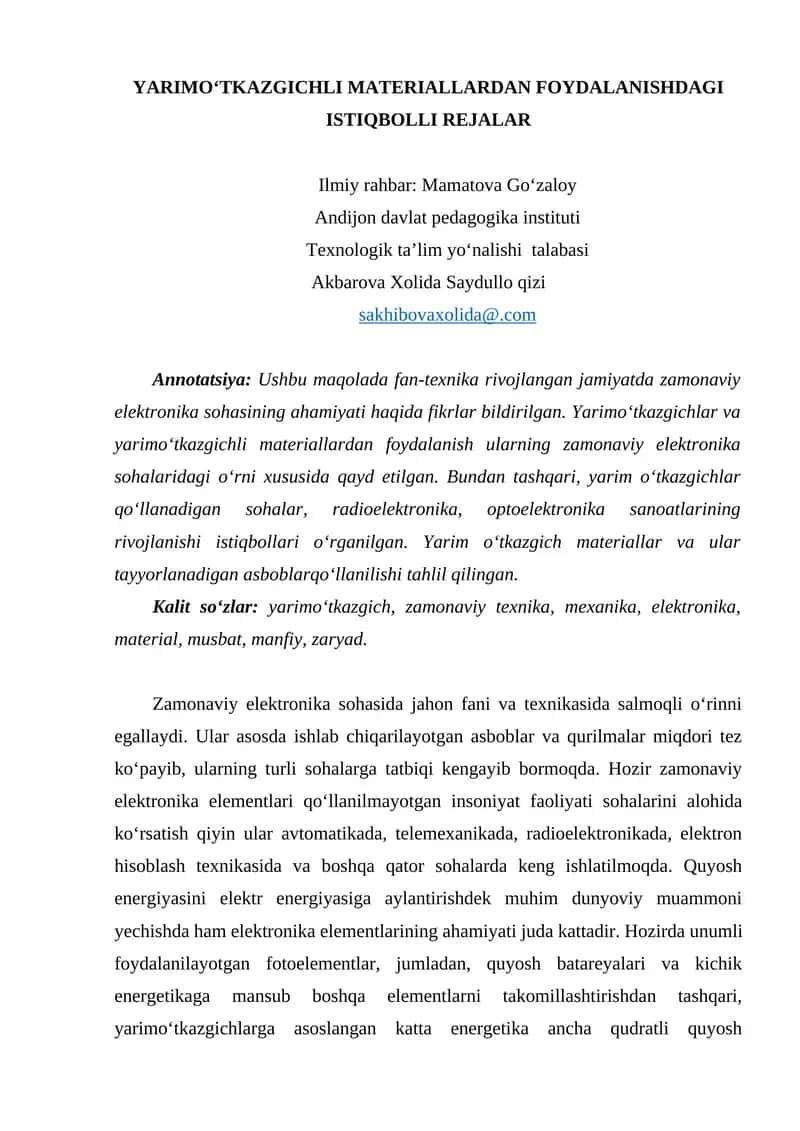 YARIMO‘TKAZGICHLI MATERIALLARDAN FOYDALANISHDAGI ISTIQBOLLI REJALAR