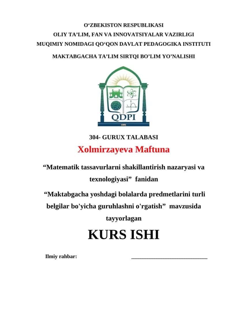 "Maktabgacha yoshdagi bolalarda predmetlarini turli belgilar bo'yicha guruhlashni o'rgatish"