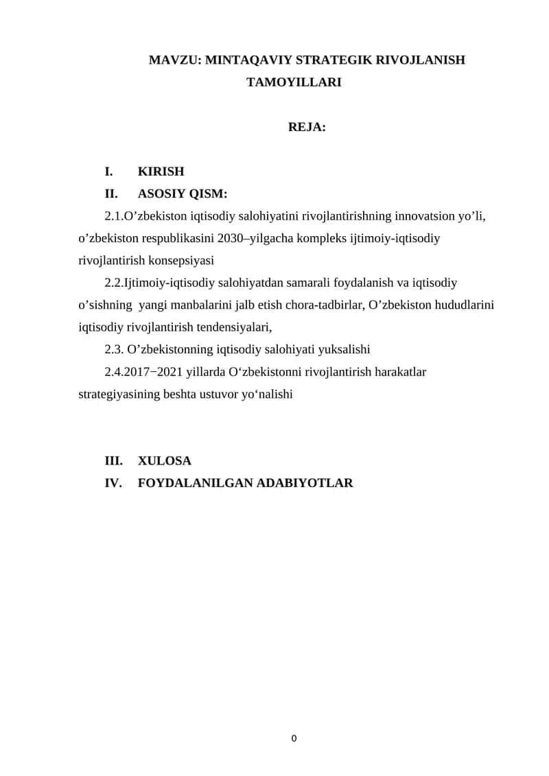 MINTAQAVIY STRATEGIK RIVOJLANISH TAMOYILLARI