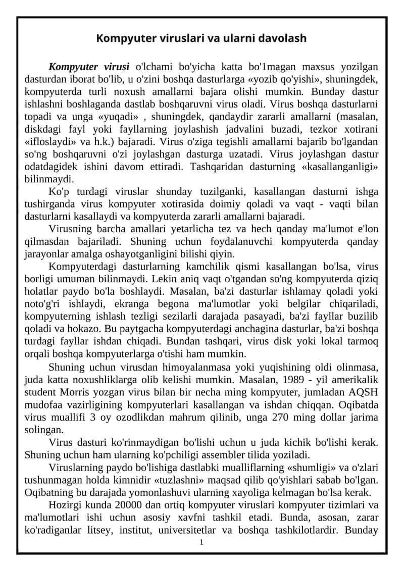 Kompyuter viruslari va ularni davolash