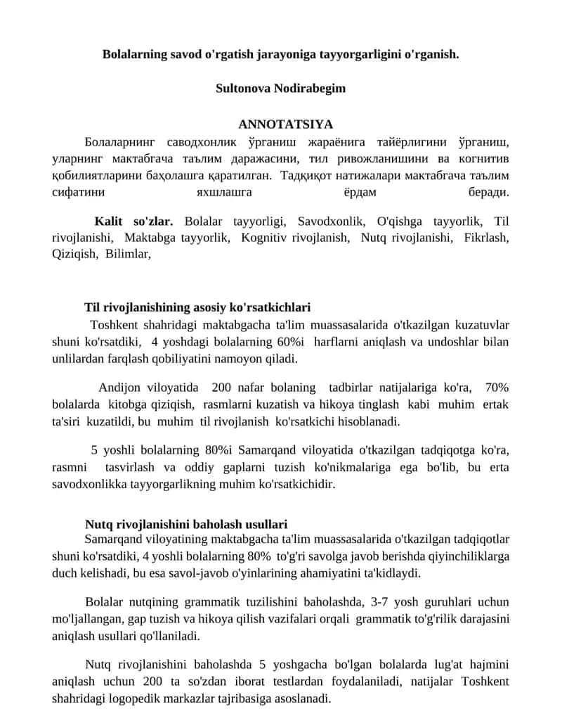 Bolalarning savod o'rgatish jarayoniga tayyorgarligini o'rganish