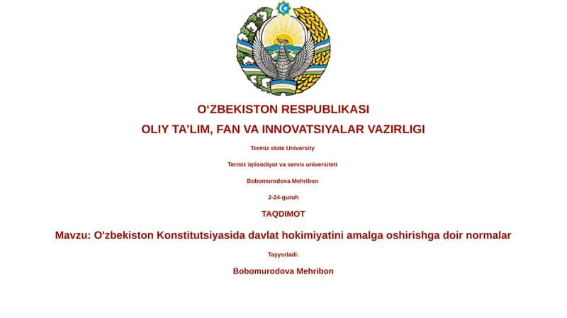 O'zbekiston Konstitutsiyasida davlat hokimiyatini amalga oshirishga doir normalar