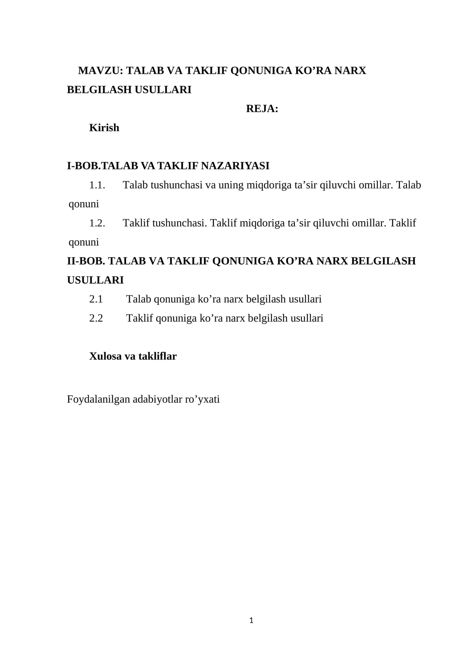 TALAB VA TAKLIF QONUNIGA KO’RA NARX BELGILASH USULLARI