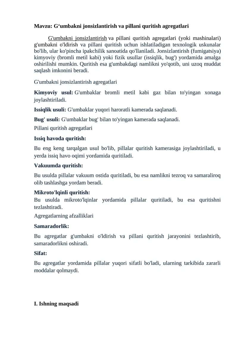 G'umbakni jonsizlantirish va pillani quritish agregatlari