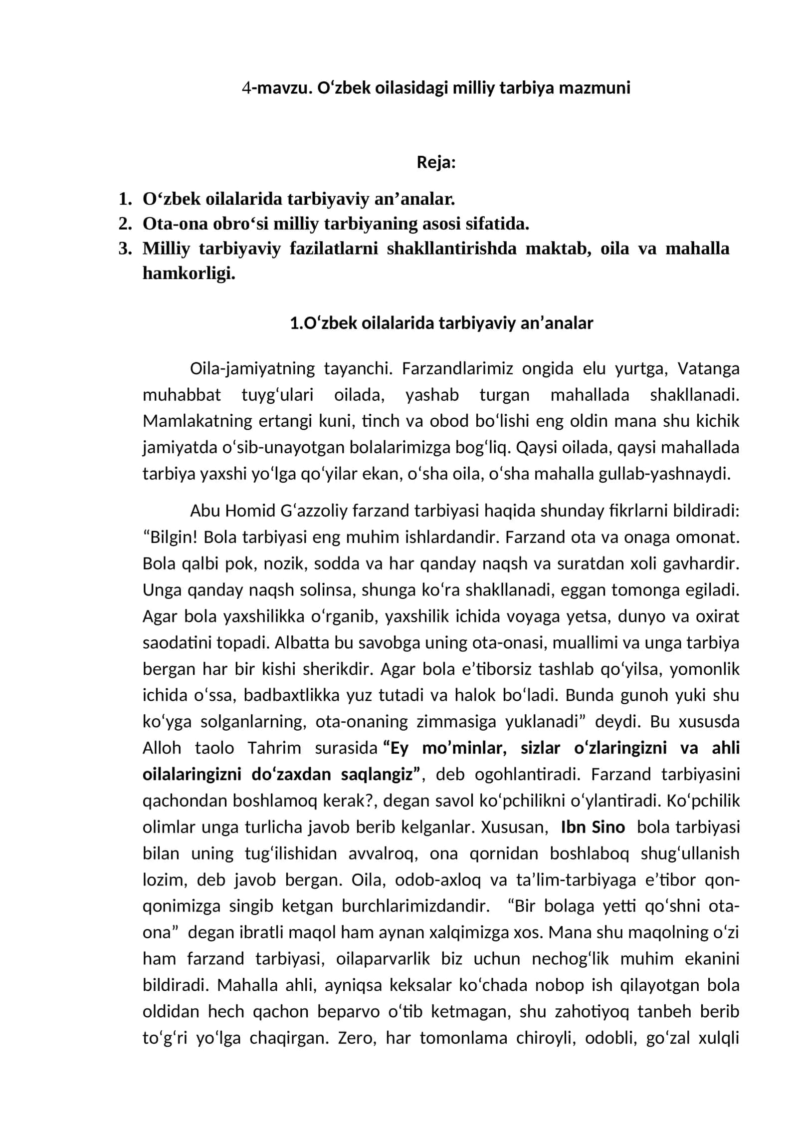O‘zbek oilasidagi milliy tarbiya mazmuni