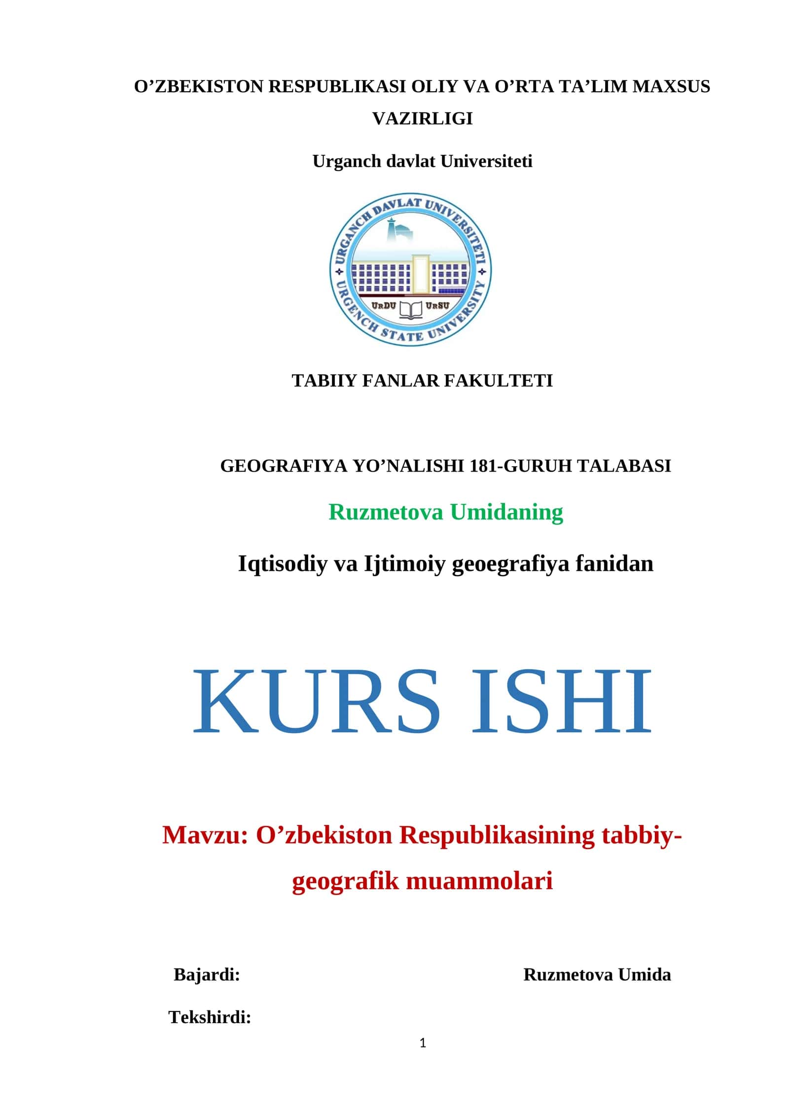 O’zbekiston Respublikasining tabbiy-geografik muammolari