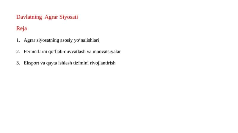 Agrar Siyosatning Asosiy Yo'nalishlari