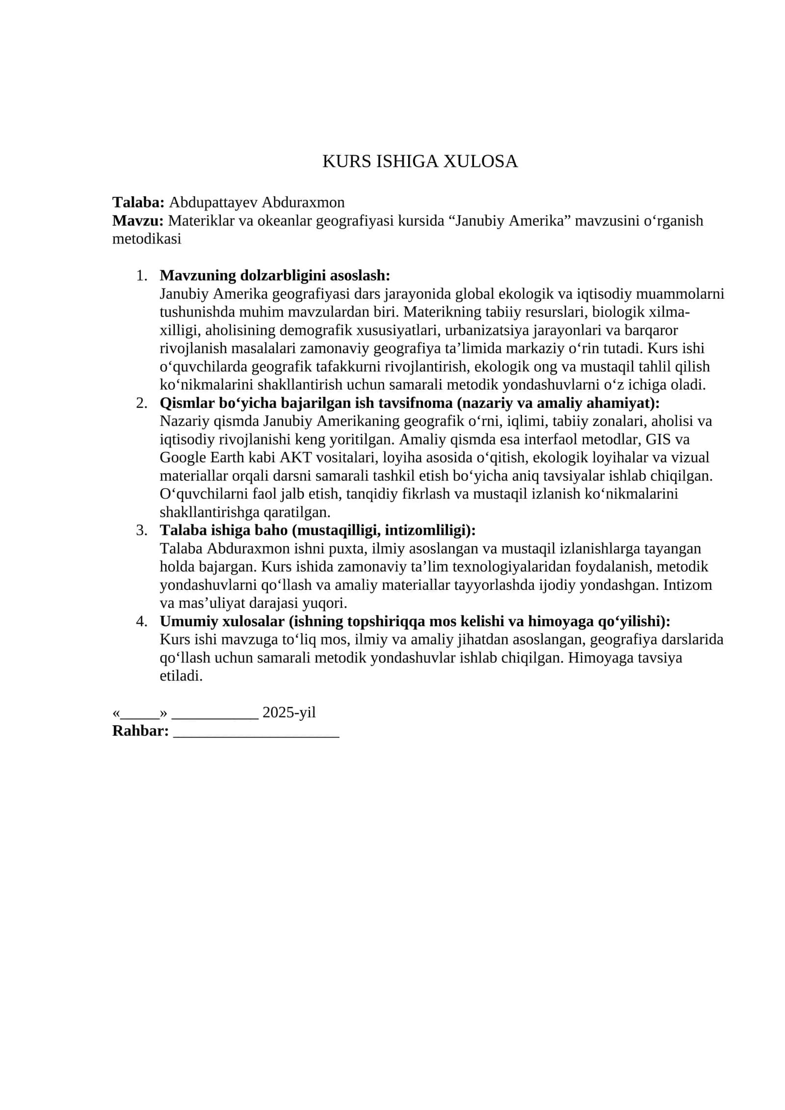 Materiklar va okeanlar geografiyasi kursida “Janubiy Amerika” mavzusini o‘rganish metodikasi